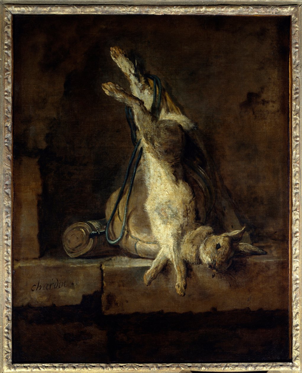 死兔子和狩猎装备 Jean Baptiste Simeon Chardin (1699-1779) 18 世纪的绘画。 0,81x0,65 m 巴黎，卢浮宫。 作者 让·巴蒂斯特·西蒙·查尔丁