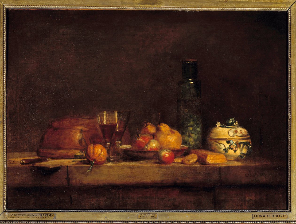 一罐橄榄。 Jean Simeon Chardin (1699-1779) 的绘画 作者 让·巴蒂斯特·西蒙·查尔丁