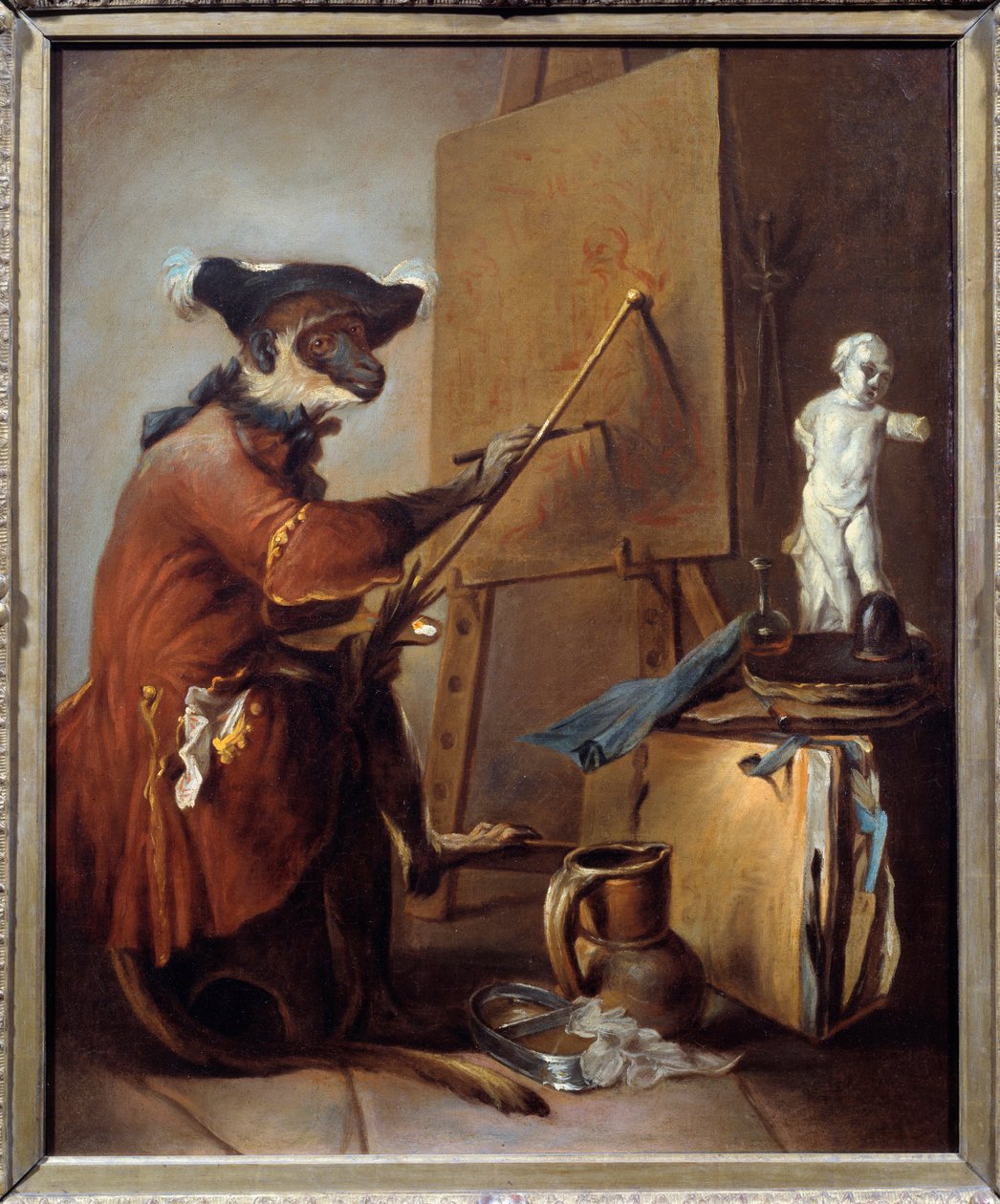 画家猴子。 一只猴子在人的姿势的表示。 Jean Baptiste Simeon Chardin (1699-1779) 的绘画 作者 让·巴蒂斯特·西蒙·查尔丁