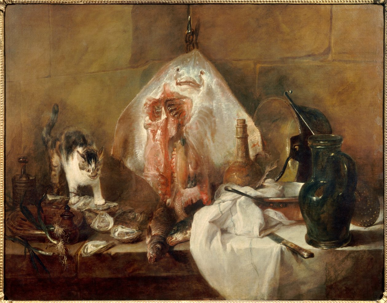 鱼、牡蛎、水罐的静物溜冰鞋。 Jean Baptiste Simeon Chardin (1699-1779) 1727 年作画。 1,14 x 1,46 m 巴黎。 卢浮宫 作者 让·巴蒂斯特·西蒙·查尔丁