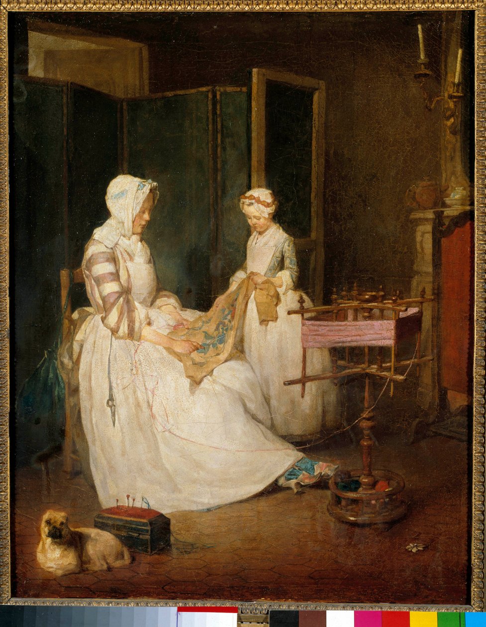 工作的母亲 一位母亲在她的女儿刺绣和使用车床的帮助下。 Jean Baptiste Simeon Chardin (1699-1779) 18 世纪的绘画。 0,4x0,39 m 作者 让·巴蒂斯特·西蒙·查尔丁