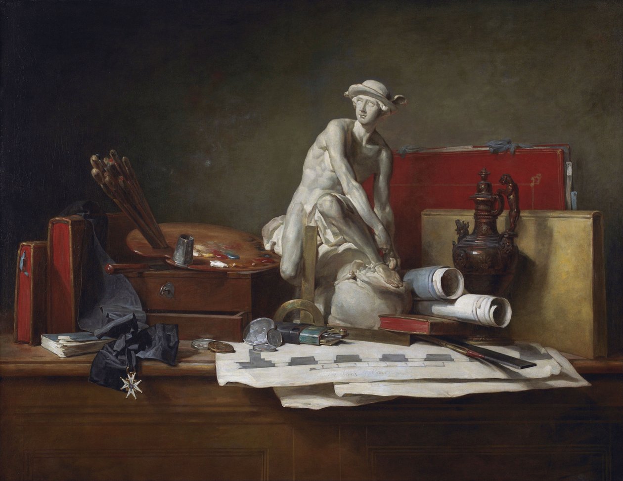 法语：  Nature morte aver des attributs des Arts 艺术的属性和赋予它们的回报 作者 让·巴蒂斯特·西蒙·查尔丁