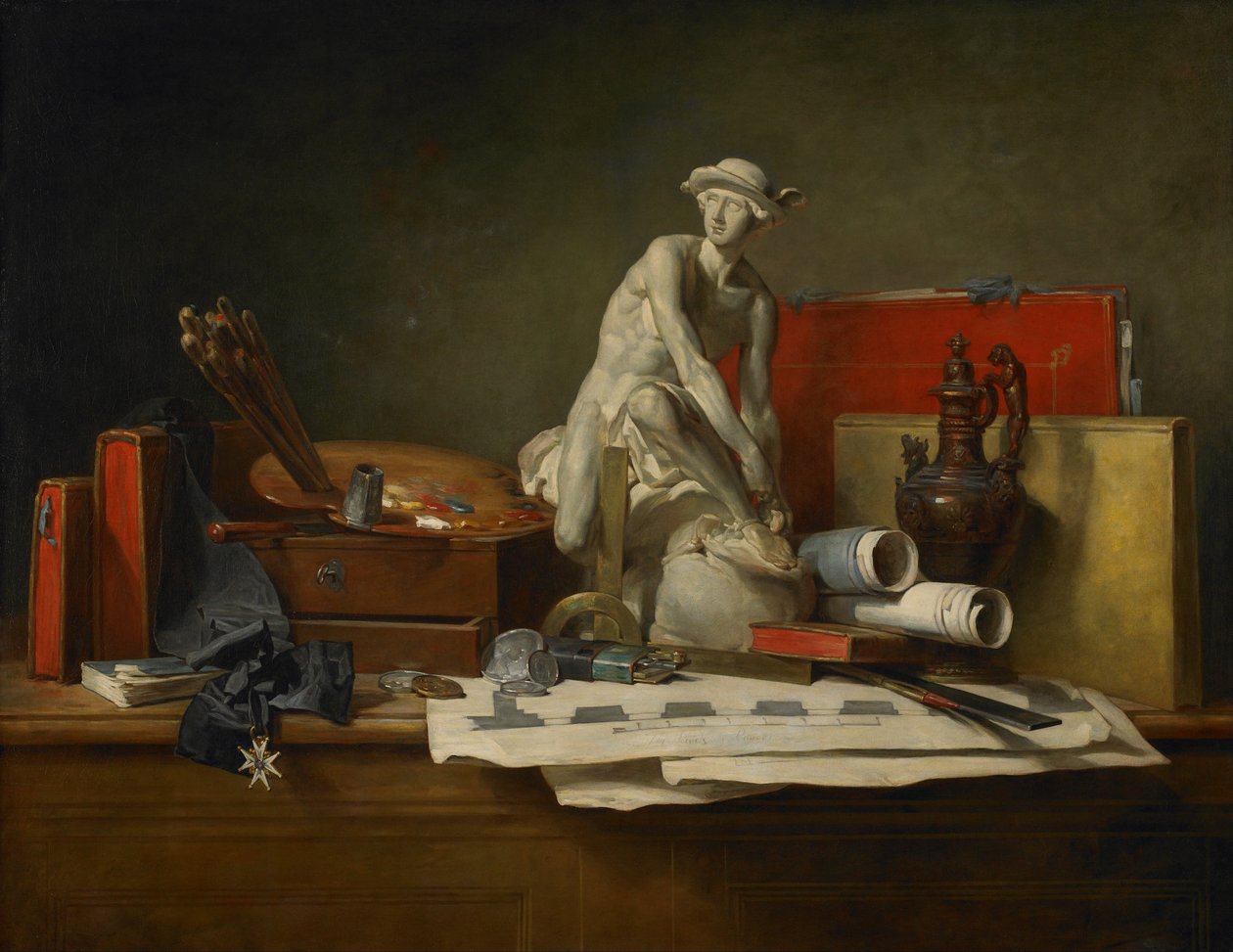 法语：  Nature morte aver des attributs des Arts 艺术的属性和赋予它们的回报 作者 让·巴蒂斯特·西蒙·查尔丁