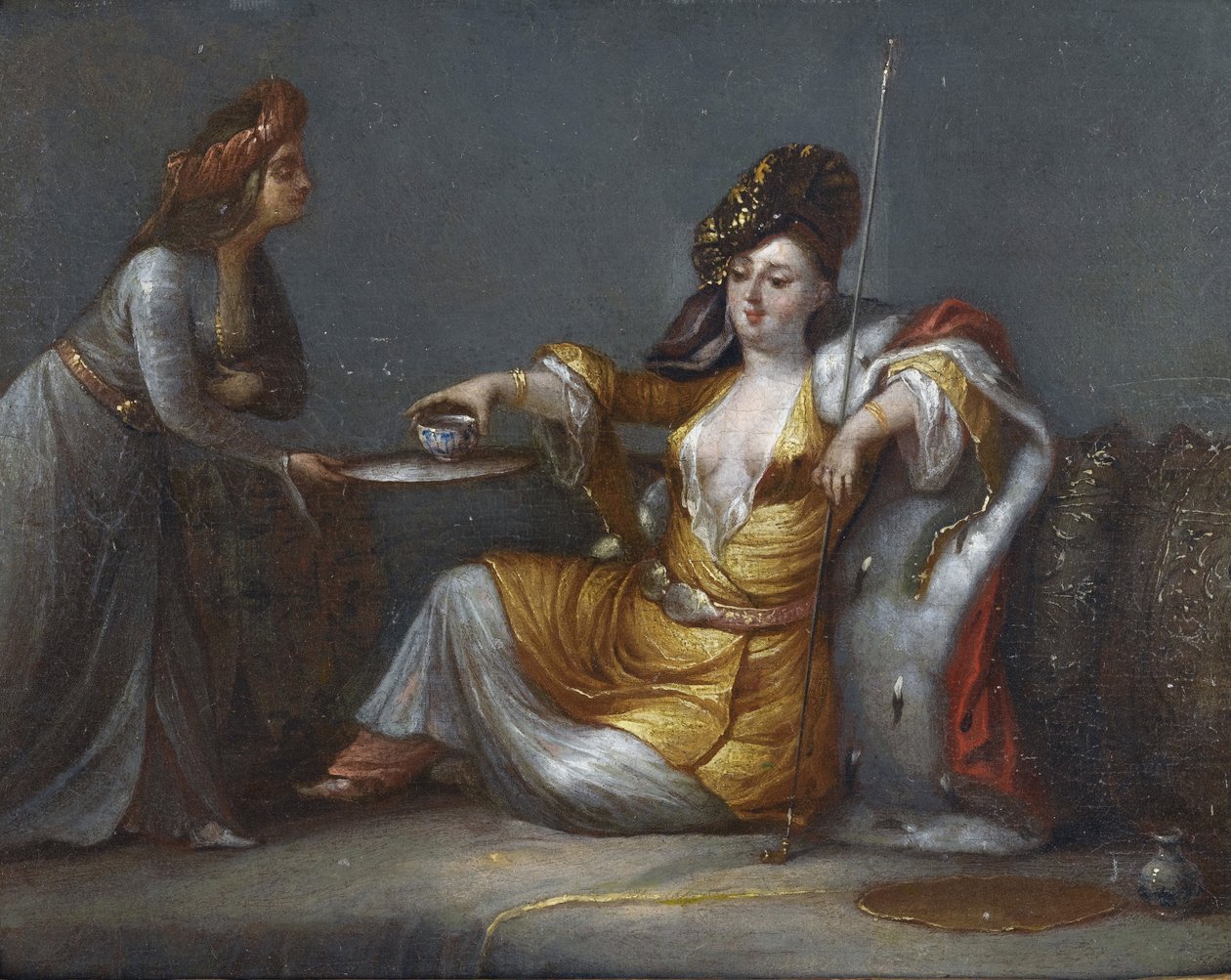 "喝咖啡的苏丹娜"（La sultane prenant son cafe）让-巴蒂斯特（Jean-Baptiste）-范穆尔（Van Mour）（1671-1737）学校的绘画，私人收藏 作者 让·巴蒂斯特·范穆尔