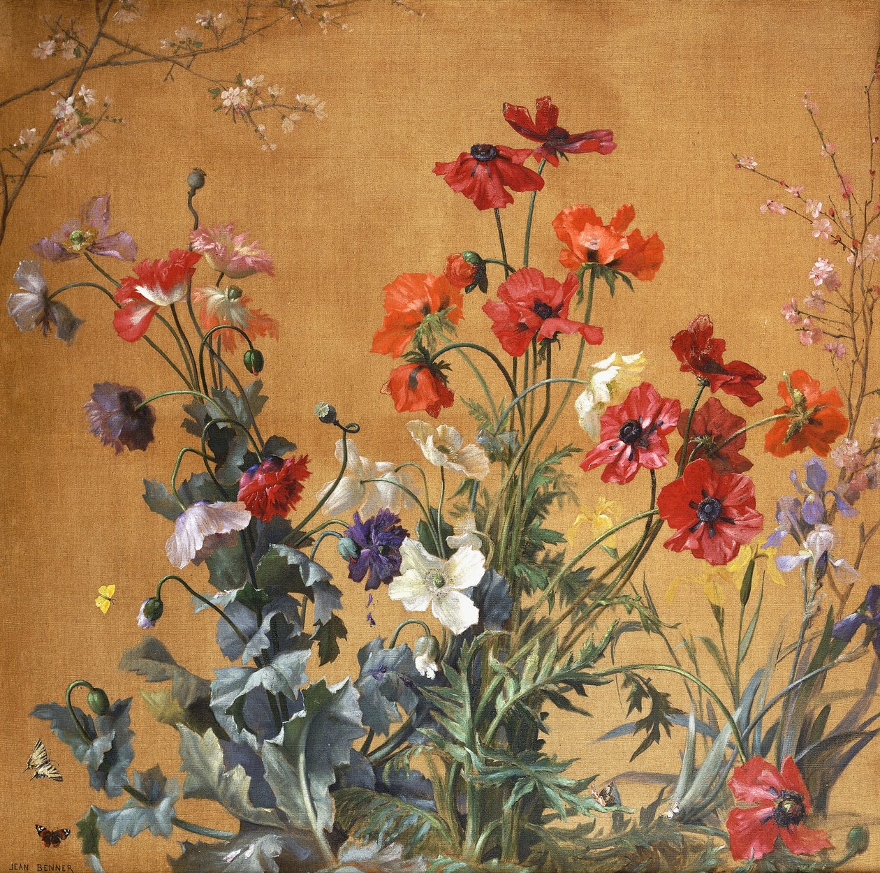 罂粟，鸢尾花和花朵， 作者 让·本纳