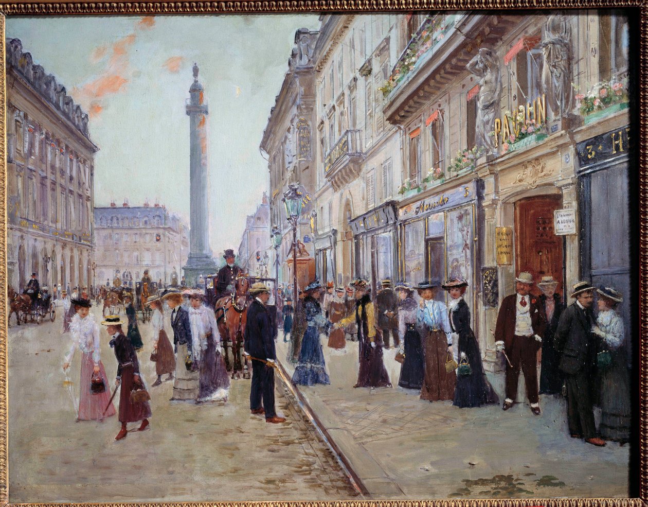 工人从 paquin house rue de la Paix (Place Vendome with the column) 退出。 Jean Beraud (1849-1935) 1905 年作画 0,42x0,55 米。 巴黎，卡纳瓦莱博物馆 作者 让·贝罗