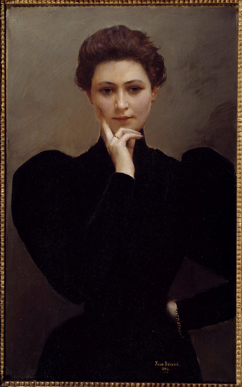 冥想一个沉思的年轻女子，穿着时尚的美女时代。让·贝罗（Jean Beraud）绘画 作者 让·贝罗