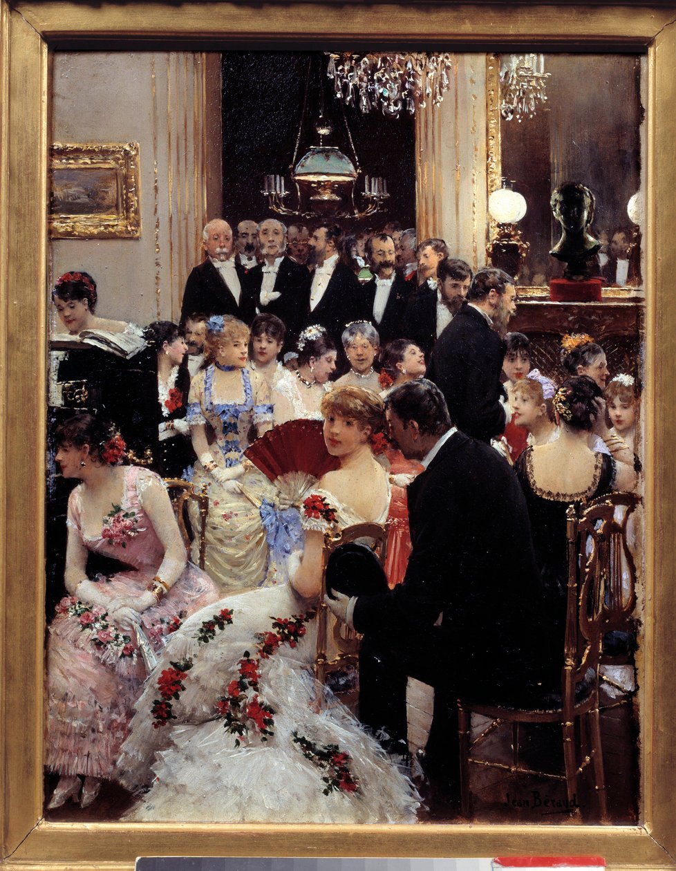 傍晚时分。Jean Beraud (1849-1936)的画作。Dim.0,35x0,27米。巴黎，卡纳瓦莱博物馆--《晚会》。木板油画，0.35x0.27米。巴黎，卡纳瓦莱博物馆。 作者 让·贝罗