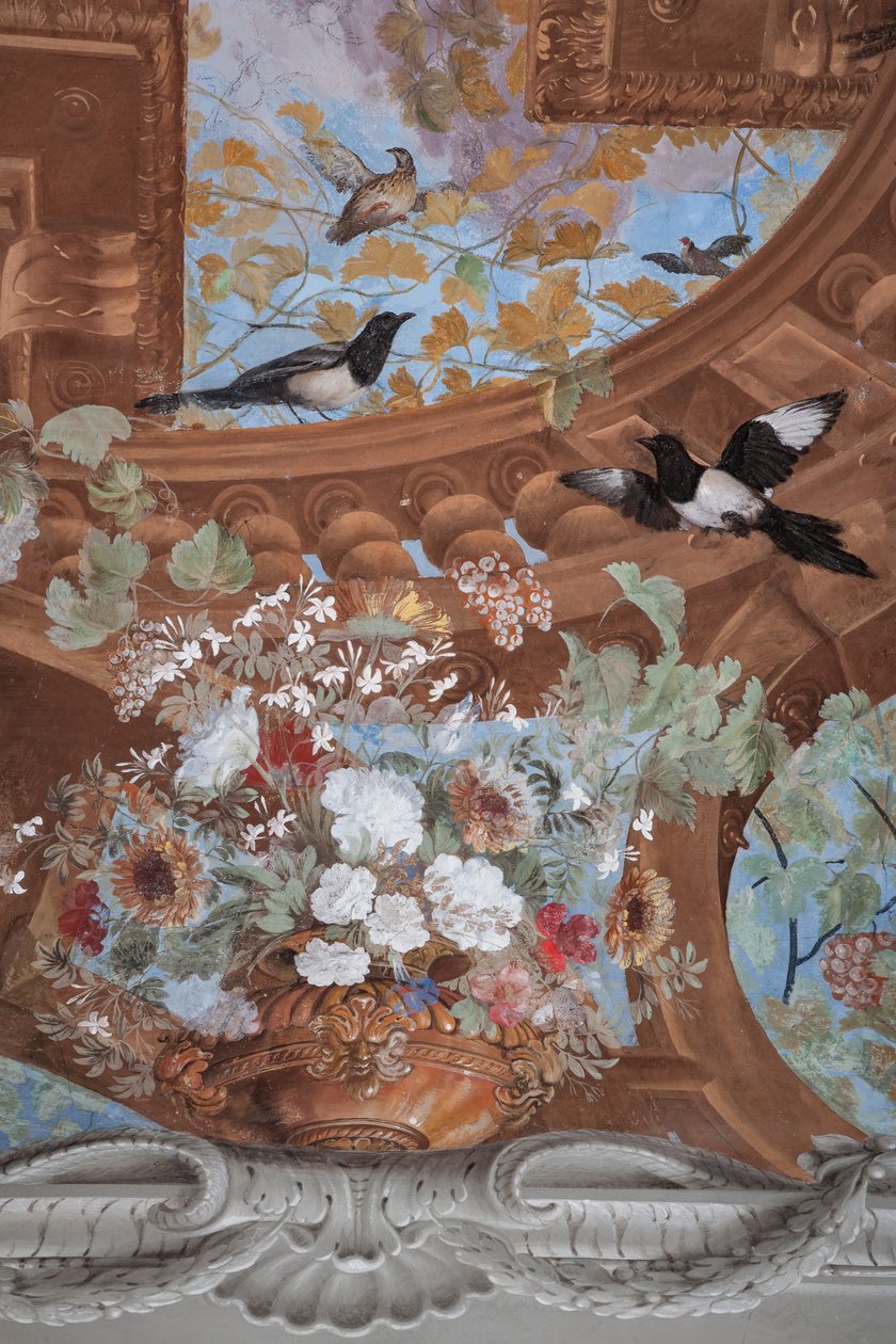 藤蔓嫩枝、葡萄、花朵和鸟类，细节 作者 让·布朗厄尔