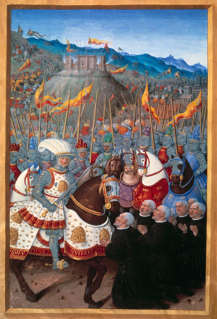 路易十二世（1462-1515）收到了来自热那亚的六个跪着的资产阶级（1507年4月25日）。Jean Bourdichon (1457?-1521)在Jean Marot撰写的《Genes之旅》（第20页）中的微型画，1508年5月。巴黎，B N 作者 让·布迪雄