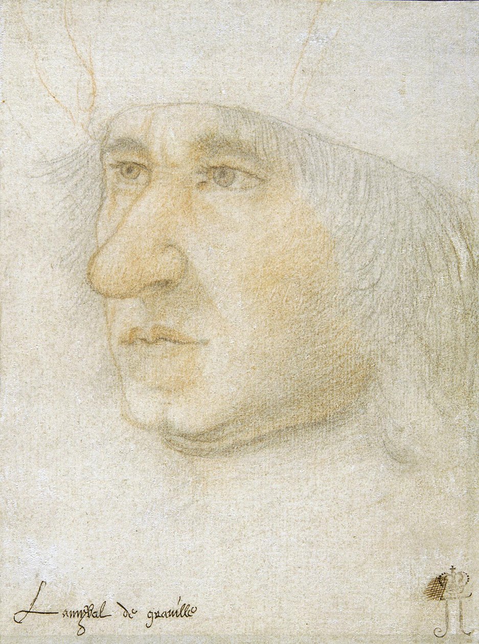 Louis Malet de Graville (1438-1516) 的肖像，法国海军上将 par Bourdichon, Jean (1457-1521)。 纸上黑色粉笔和血红色，尺寸：16,9x12,7，15 世纪晚期，圣彼得堡国家冬宫 作者 让·布迪雄