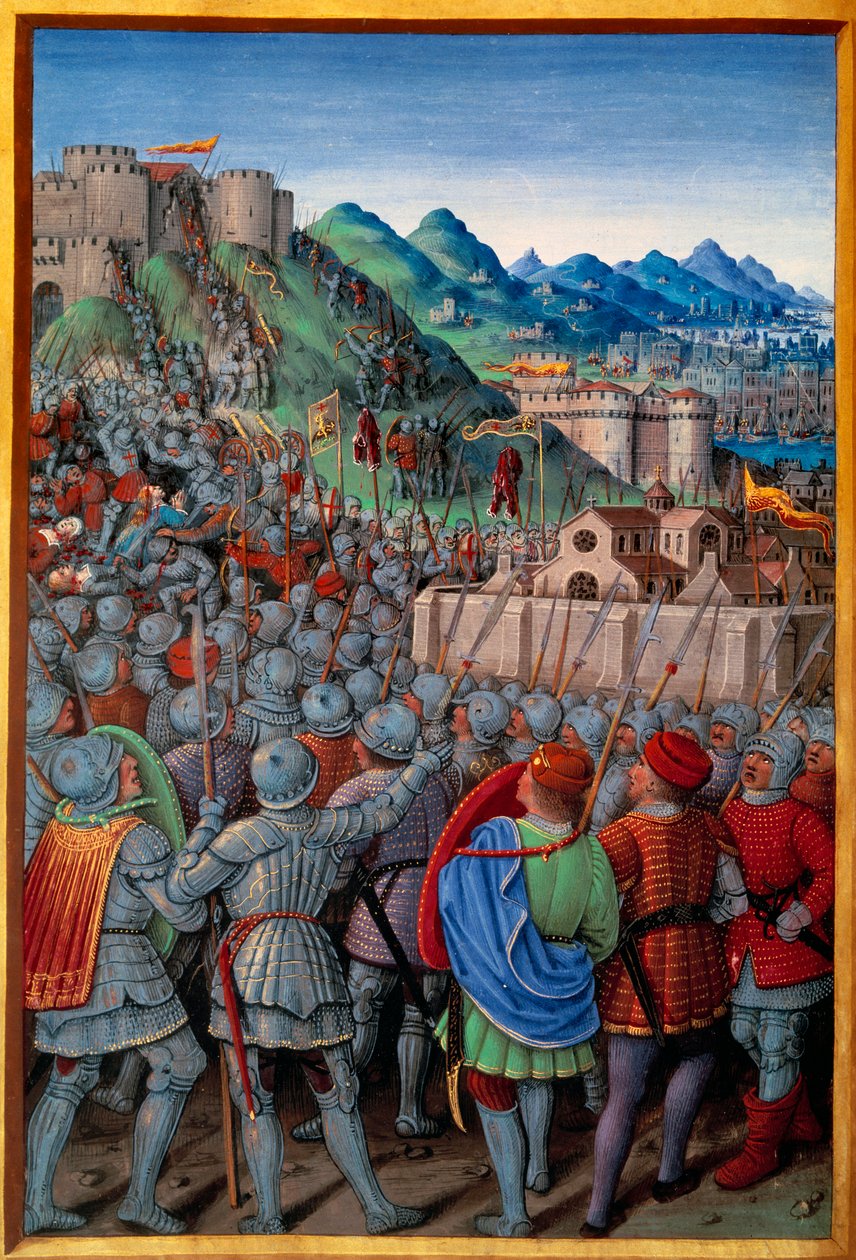 热那亚人袭击了法国人守护的热那亚城堡（1507年3月12日）。Jean Bourdichon (1457?-1521)在Jean Marot撰写的《Genes之旅》（第20页）中的微型画，1508年5月。巴黎，NL 作者 让·布迪雄