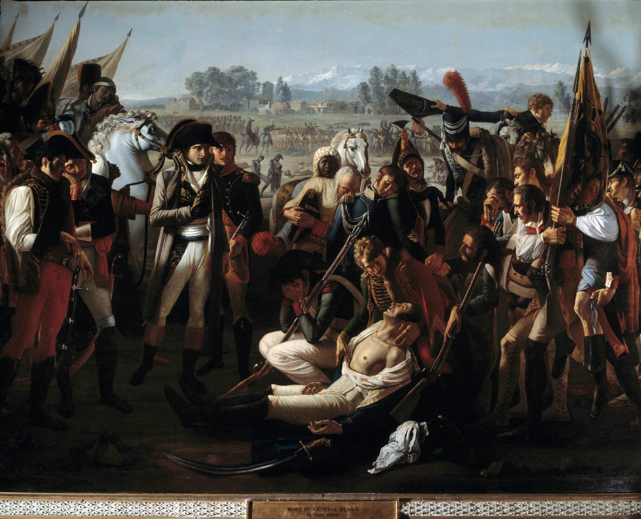Charles Antoine Desaix de Veygoux 将军（1768-1800）于 1800 年 6 月 14 日在马伦戈战役中在拿破仑·波拿巴（1769-1821 年）的注视下死亡。 Jean Broc (1771-1850) 19 世纪的绘画。 暗淡。 3,2x4,5 m。 作者 让·布洛克