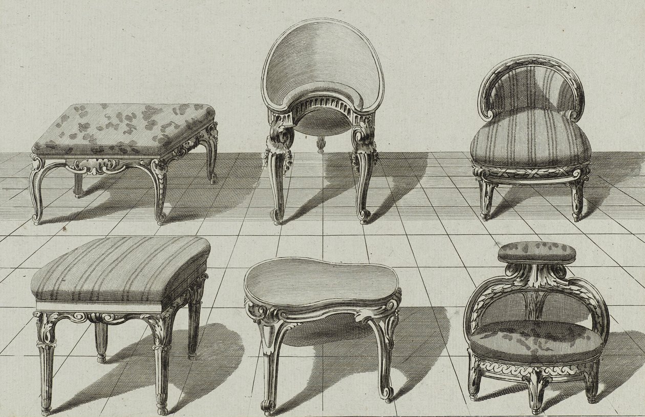 Tabouret, Bidets de Toilette, Marchepied，1770 年代中期出版（雕刻在纸上） 作者 吉恩·查尔斯（Deanafosse）