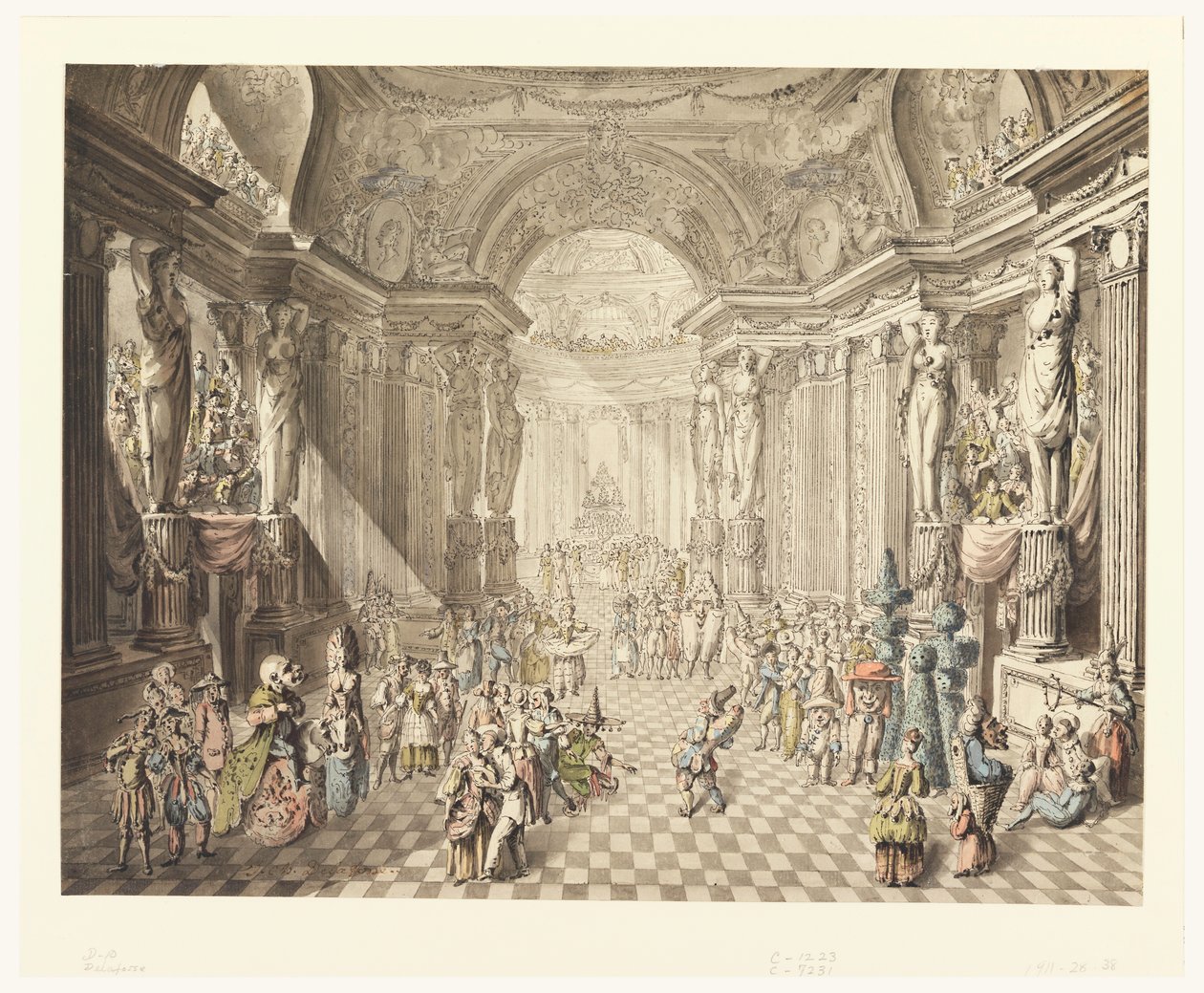 素描，化妆舞会场景，1770-80 年 作者 让·查尔斯·德拉福斯（Jean Charles Delafosse）
