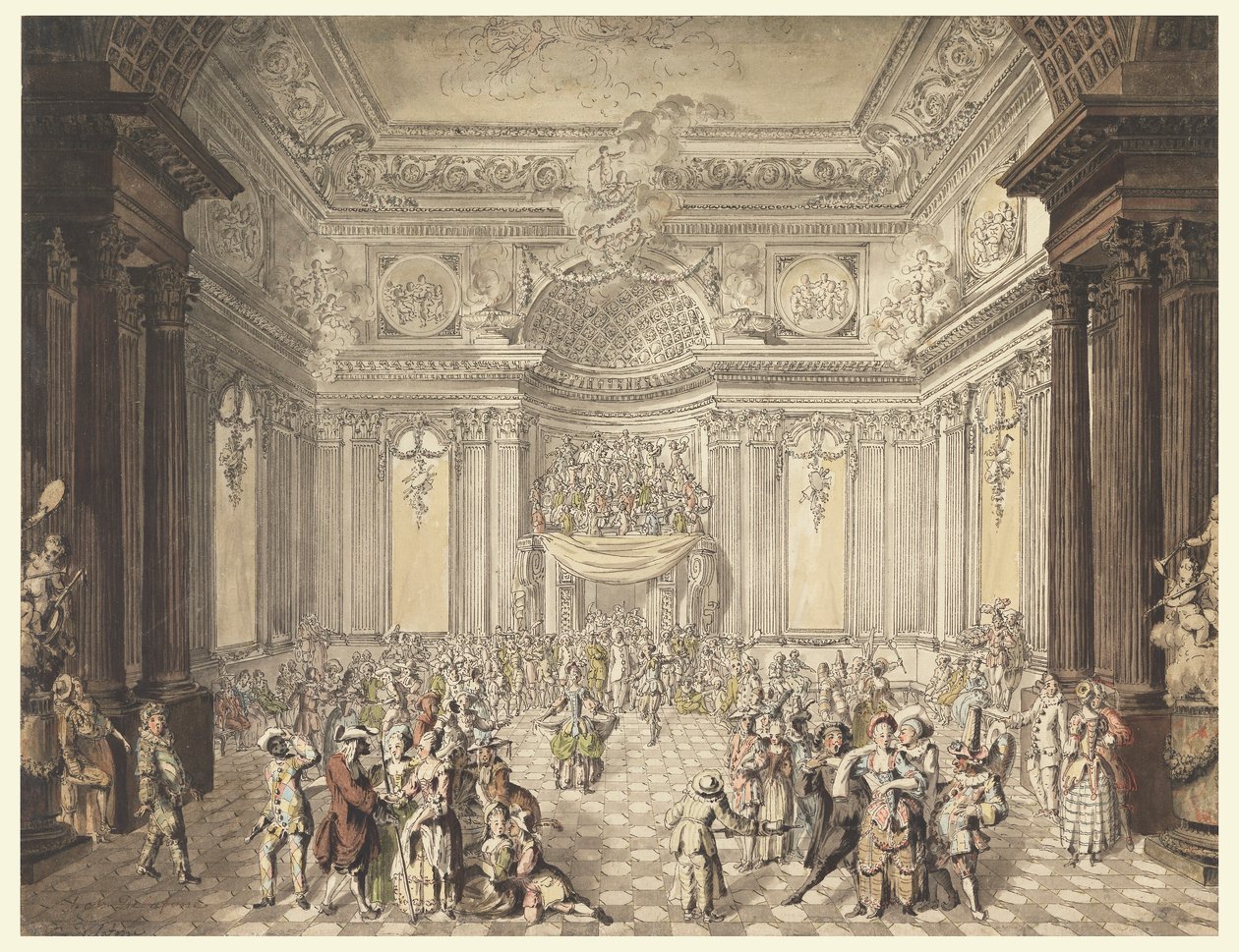 素描，化妆舞会场景，1770-80 年 作者 让·查尔斯·德拉福斯（Jean Charles Delafosse）