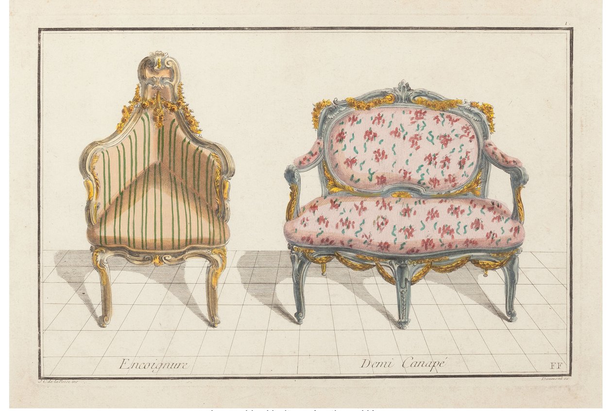 角落，半沙发。Nouvelle Iconologie Historique ou Attributes Hierogliphyques, c.1768. 作者 让·查尔斯·德拉福斯（Jean Charles Delafosse）