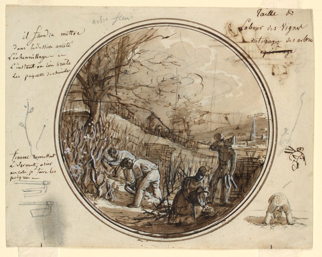 绘画，彩绘瓷盘设计，葡萄园中的切割与工作，1819-20 年 作者 让·查尔斯·德维尔（Jean Charles Develly）
