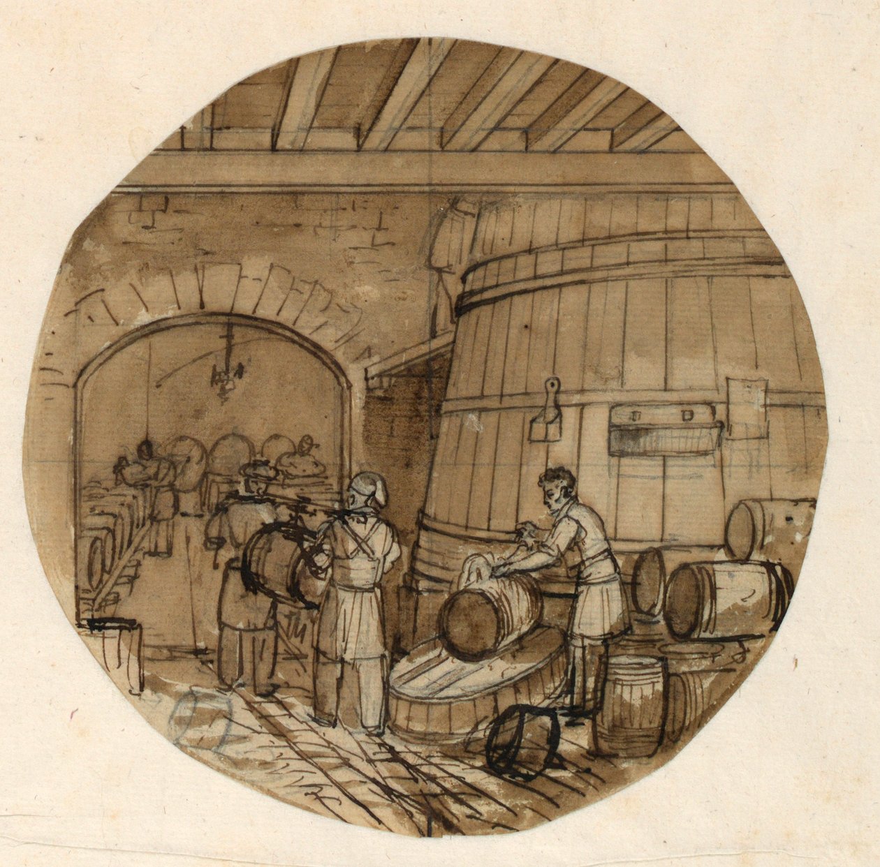 绘图，彩绘瓷盘设计，葡萄酒酿造厂内部，1831-194 年 作者 让·查尔斯·德维尔（Jean Charles Develly）