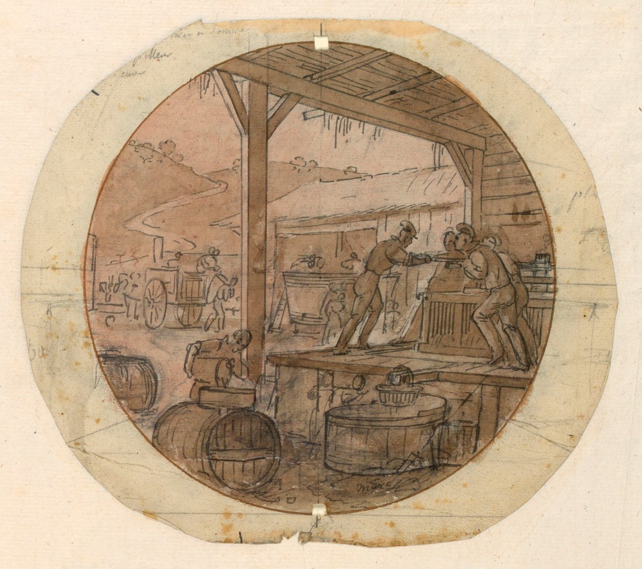 绘图，彩绘瓷盘设计，装卸货物，1820-35 年 作者 让·查尔斯·德维尔（Jean Charles Develly）