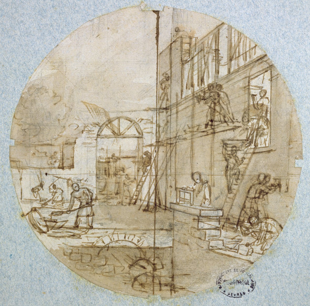 Mason的工作室，用于描述不同行业的服务的板材设计，c.1820-35（笔和墨水和水粉在纸上） 作者 让·查尔斯·德维尔（Jean Charles Develly）