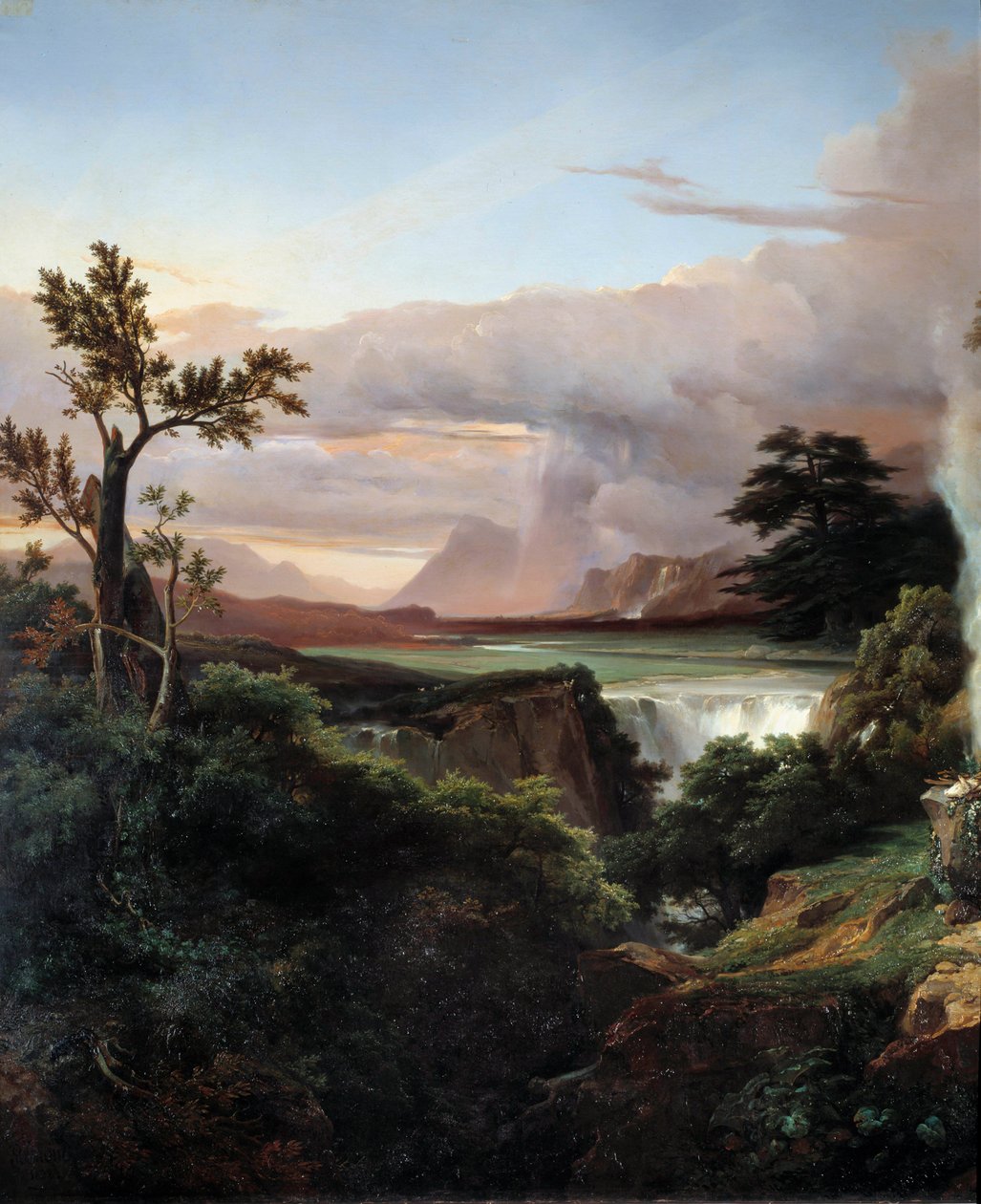 有瀑布的风景。画家：让-查尔斯-雷蒙（1795-1875）。 作者 让·查尔斯·约瑟夫·雷蒙德