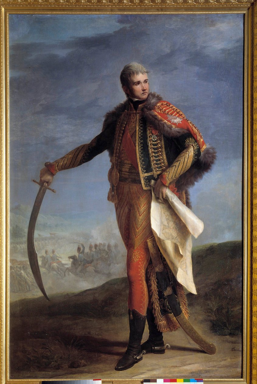 让·拉纳（Jean Lannes）（1769-1809 年）的肖像，蒙特贝罗公爵，帝国元帅让·查尔斯·尼凯斯·佩兰（Jean Charles Nicaise Perrin，1754-1831 年）的画作。 1804-1809 年。 暗淡。 2,1x1,4 m。 - Jean Lannes (1769-1809) 蒙特贝罗公爵，帝国元帅的全长肖像。 作者 让·查尔斯·尼卡瓦斯·佩林