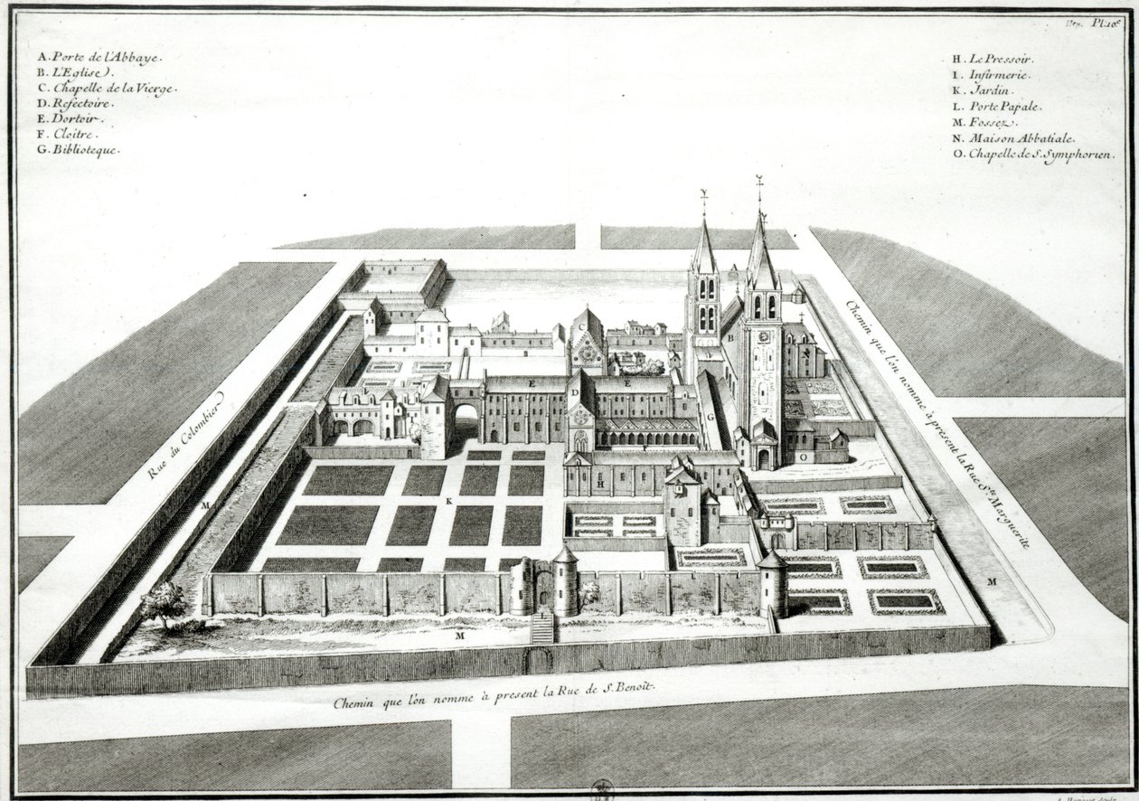 1640年前圣日耳曼德佩斯修道院的景色，由Antoine Herisset雕刻（1685-1769） 作者 让·乔富里埃