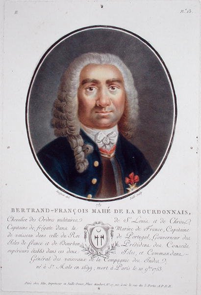 Bertrand-Francois Mahe de la Bourdonnais (1699-1753)，选自《法国大人物、杰出女性和值得纪念的事物的肖像》，由Ride雕刻，1787-92年出版（彩色平印）。 作者 让·克劳德（后）奈根