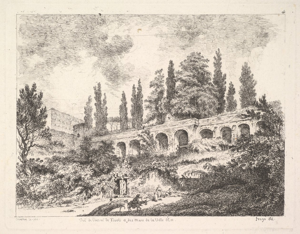 蒂沃利（Tivoli）入口和德埃斯特别墅（Villa dEste）的墙的景色，骑兵们接近，十八世纪。 作者 让·克劳德·理查德·圣农