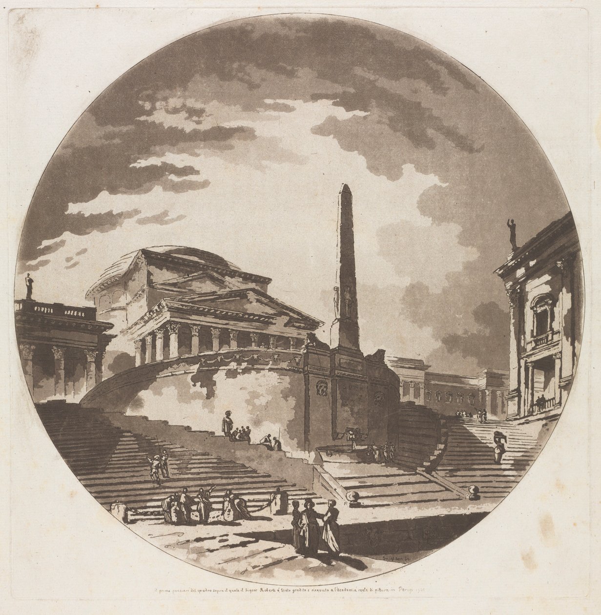 台伯河上带楼梯的圆形大厅景观，1766年。 作者 让·克劳德·理查德·德·圣农