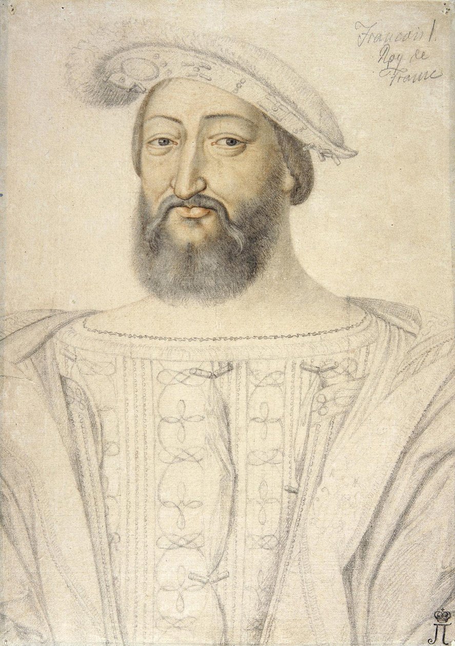 弗朗西斯一世 (1494-1547) 的肖像，法国国王 par Clouet, Jean (c. 1485-1541)。 纸上黑色粉笔和血红色，尺寸：31,6x22,5，16 世纪上半叶，圣彼得堡国立冬宫 作者 让·克鲁埃特
