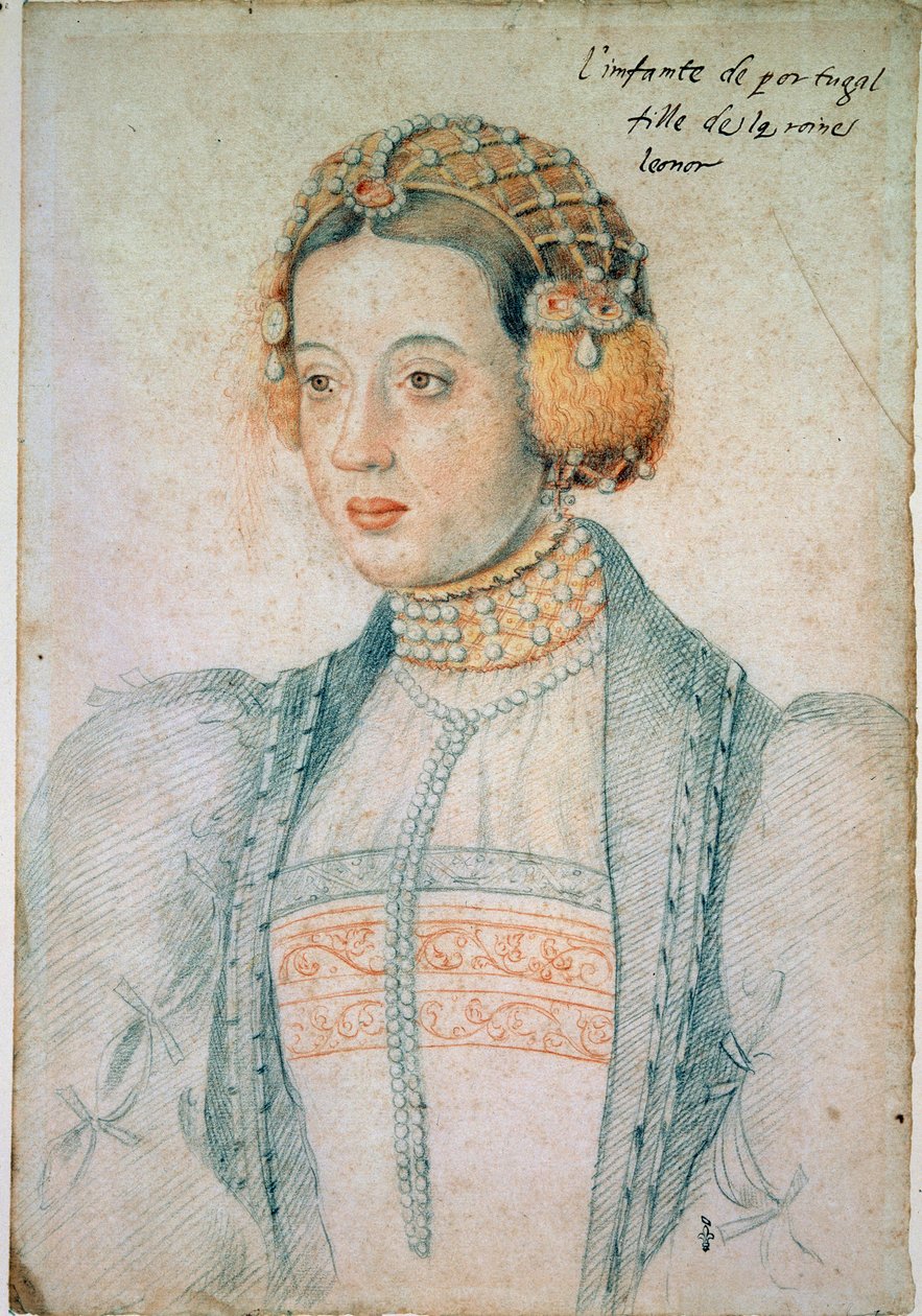 葡萄牙的玛丽 (1521-1578) 的肖像，是葡萄牙的曼努埃尔一世和奥地利的埃莱奥诺尔的女儿。 让·克鲁埃 (Jean Clouet) 绘制黑色石头和血液 (1475/1485-1540) 作者 让·克鲁埃特