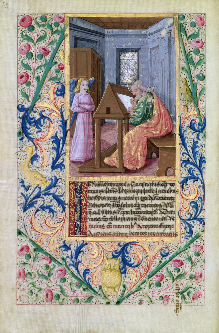 拉特女士。 QvI126 f.97v St. Matthew，来自Louis DOrleans的小时书，1469年 作者 让·科隆比