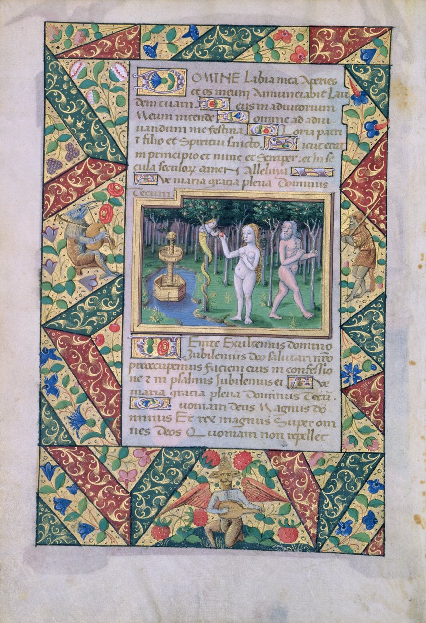 拉特女士。 QvI126 fol.12v“伊甸园”中的诱惑，来自路易斯·奥尔良时报，1490年 作者 让·科隆比