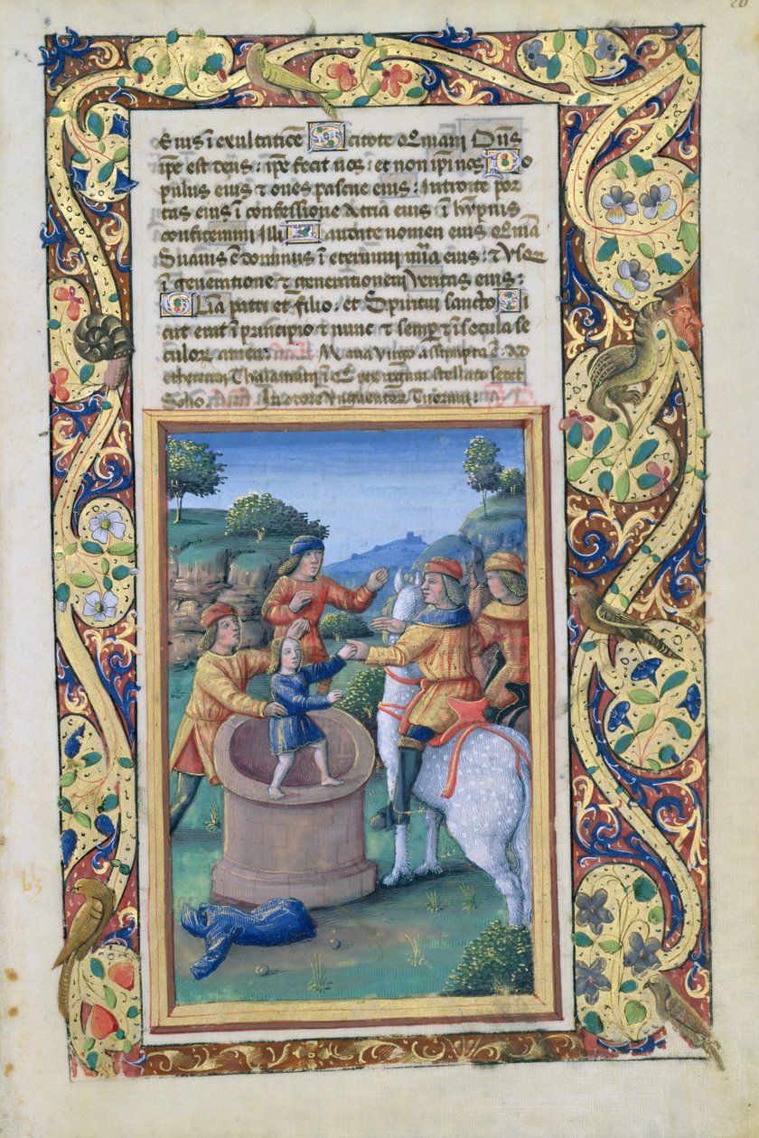 拉特女士。 QvI126 fol.20约瑟夫从井中取出并卖给了以实玛利人，来自路易斯大学的时间书，1490年 作者 让·科隆比