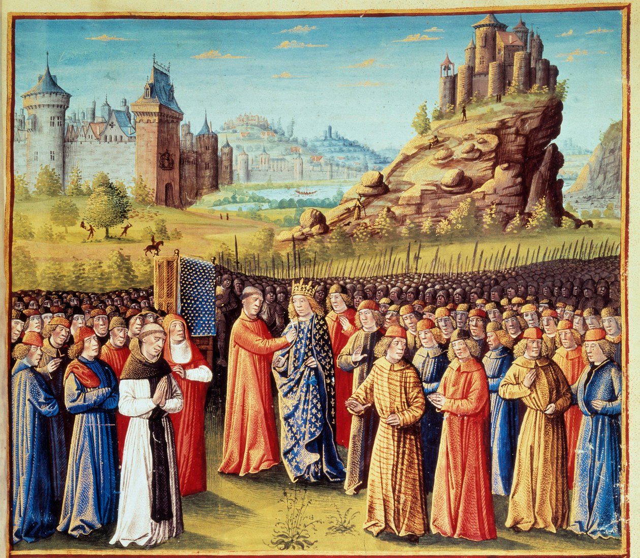第二次十字军东征（1147-1149）。国王路易七世（1120-1180）于1146年3月31日在维泽莱当着圣贝尔纳多-德-克莱尔沃（San Bernardo di Chiaravalle）（1090-1153）和凡尔赛宫主的面接受十字架。许多男爵也接受了 作者 让·科隆比
