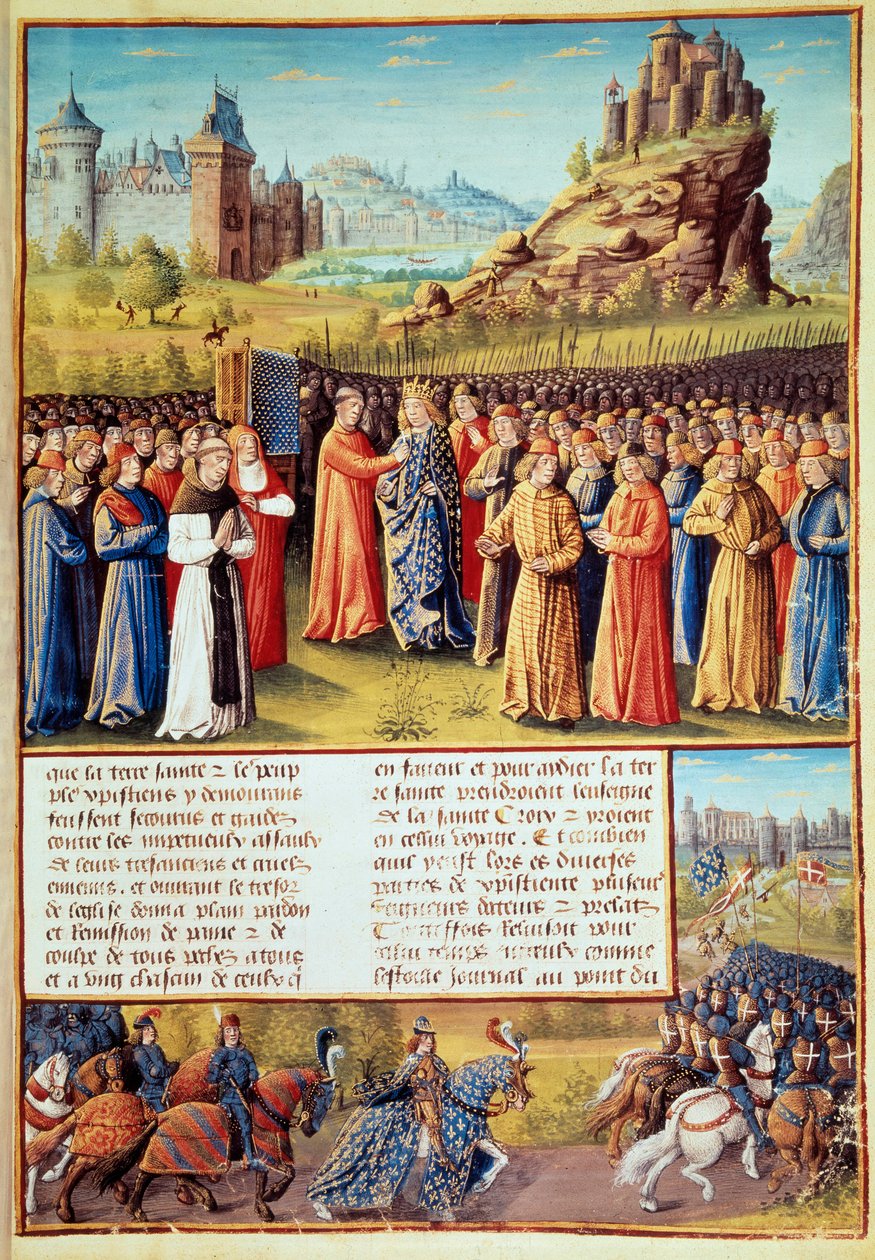 第二次十字军东征（1147-1149）。国王路易七世（1120-1180）于1146年3月31日在维泽莱当着圣贝尔纳多-德-克莱尔沃（San Bernardo di Chiaravalle）（1090-1153）和凡尔赛宫主的面接受十字架。许多男爵也接受了 作者 让·科隆比