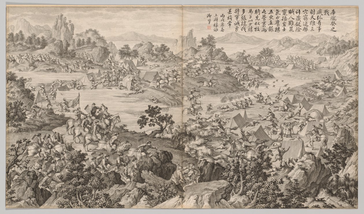 库隆奎战役：《叛乱镇压之战场景》，c。 1765-1774年。 作者 让·达马森·萨卢斯蒂（Jean Damascene Sallusti）