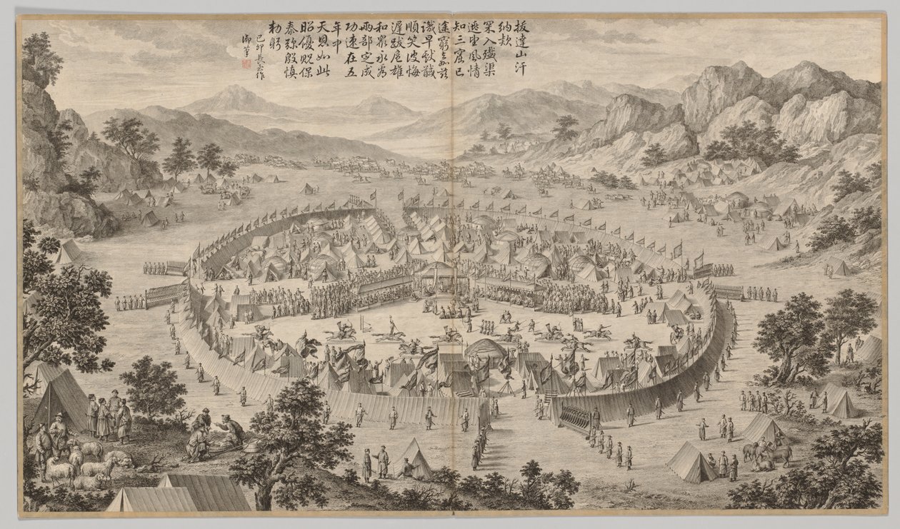 八大山的汗献礼：《叛乱镇压的战斗场面》，c。 1765-177 作者 让·达马森·萨卢斯蒂（Jean Damascene Sallusti）