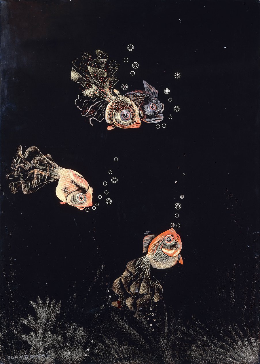 让·邓南（Jean Dunand）上漆的面板，描绘了水下场景，红色和金色的鱼在吹泡泡 作者 让·杜南（Jean Dunand）
