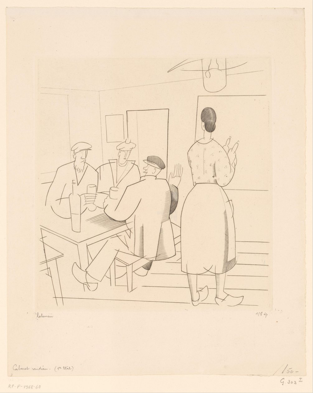 咖啡馆内部，顾客和女服务员
Cabaret vendéen（标题见实物） 作者 Jean Emile Laboureur（艺术家签名）
