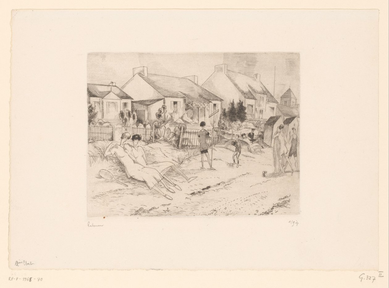 海滩上休息的网球运动员
La petite plage（标题见实物） 作者 Jean Emile Laboureur（艺术家签名）
