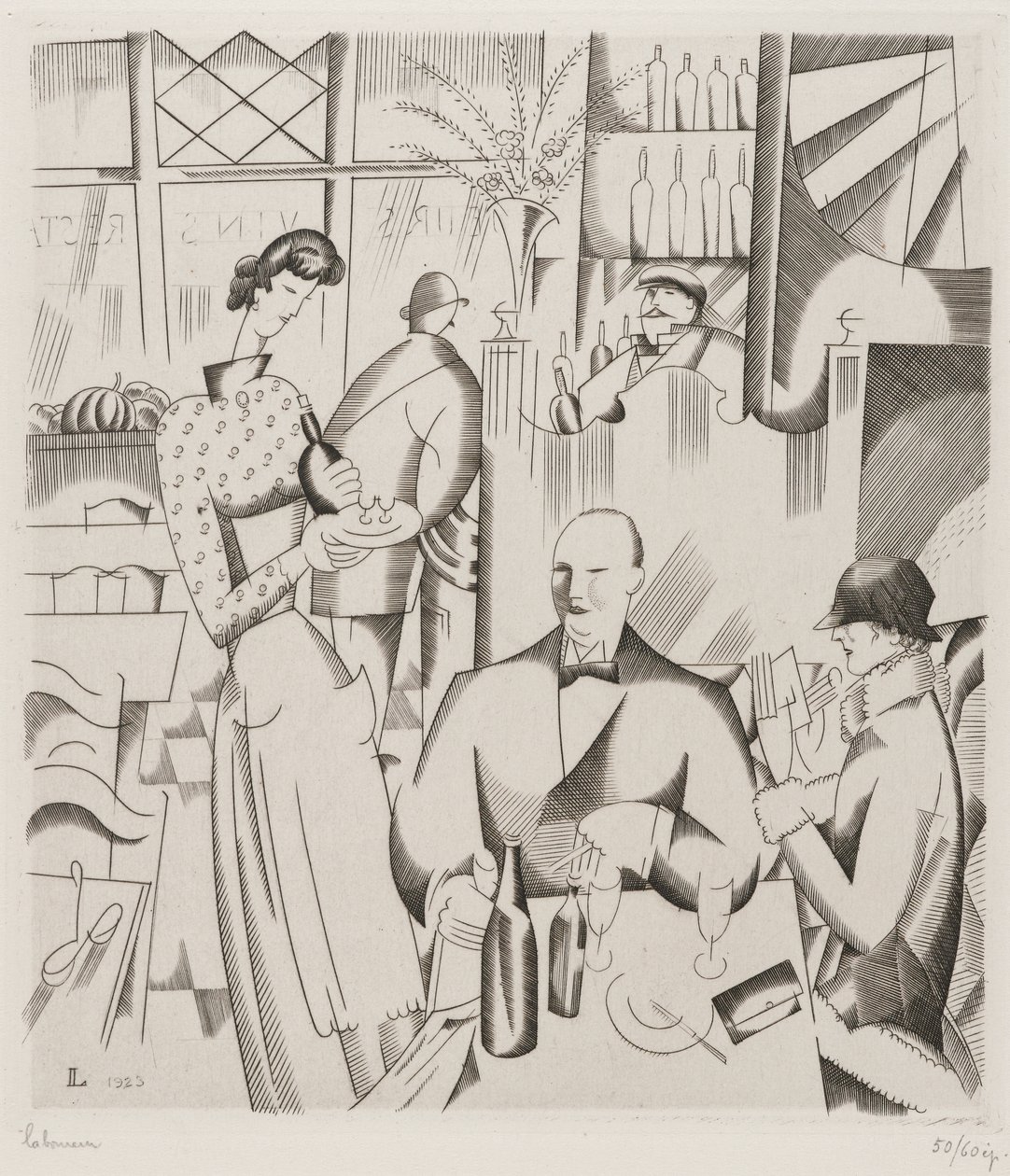 Bifo晚餐（小酒馆晚餐），1923年（在编织纸上雕刻） 作者 让·埃米尔·拉布尔（Jean Emile Laboureur）