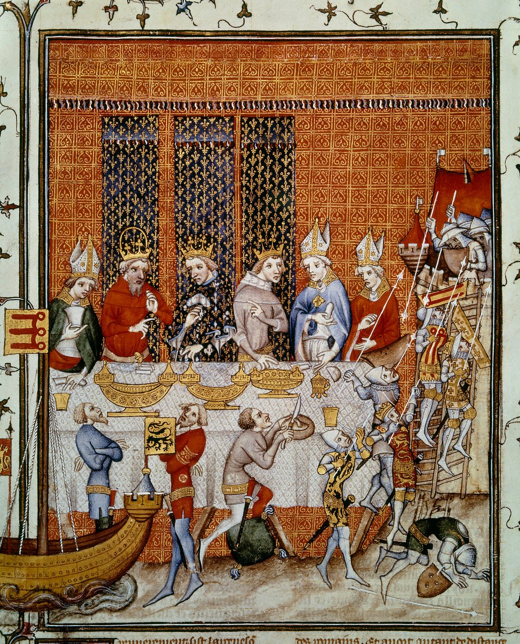 法国国王查理五世（1338-1380）在西特宫为皇帝查理四世（1316-1378）和波黑国王文塞拉四世（1363-1419）举行的宴会。让-富凯（1420-1481）的《法国大纪元》中的微型画，巴黎，B.N. 作者 让·富凯