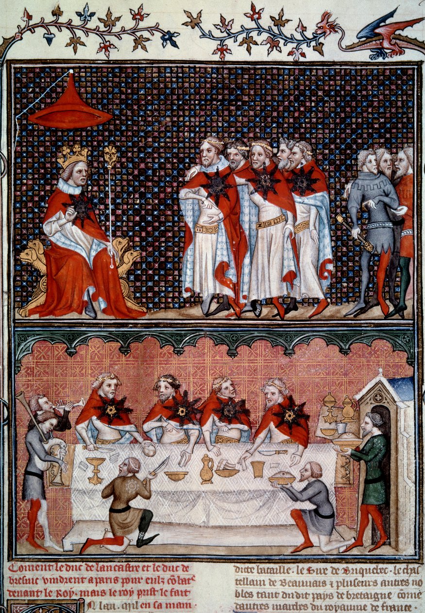 Jean le Bon (1319-1364)的Etoile制度和1352年的宴会 迷你画，出自Jean Fouquet (1420-1481)的 "Les grandes chronicles de France" 1455-1460 巴黎，B.N. 作者 让·富凯