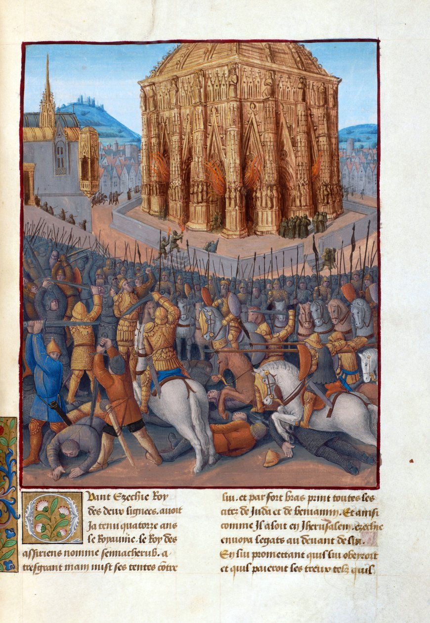 Le siege de Jerusalem par le roi de Babylone Nabuchodonosor II (604-562 avant JC) - 尼布甲尼撒二世围攻耶路撒冷。弗拉维乌斯-约瑟夫《犹太人的古迹》（Antiquitatum Iudaicarum）中的插图 par Fouquet, Jean（1420-1481 年）。水粉画 作者 让·富凯