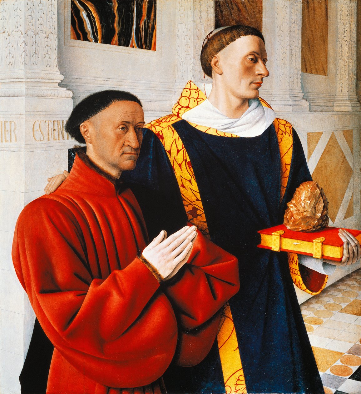 Melun Diptych 的左侧面板：Etienne Chevalier 与他的守护神 St Stephen 作者 让·富凯
