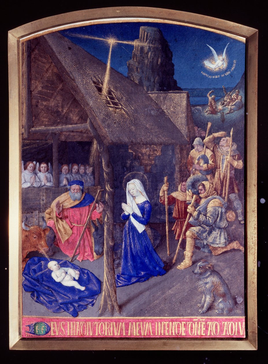 圣母时辰：让-富凯（Jean Fouquet，1420-1481）的 "艾蒂安-谢瓦利埃的时辰 "中的耶稣诞生和牧羊人的崇拜微型画 作者 让·富凯
