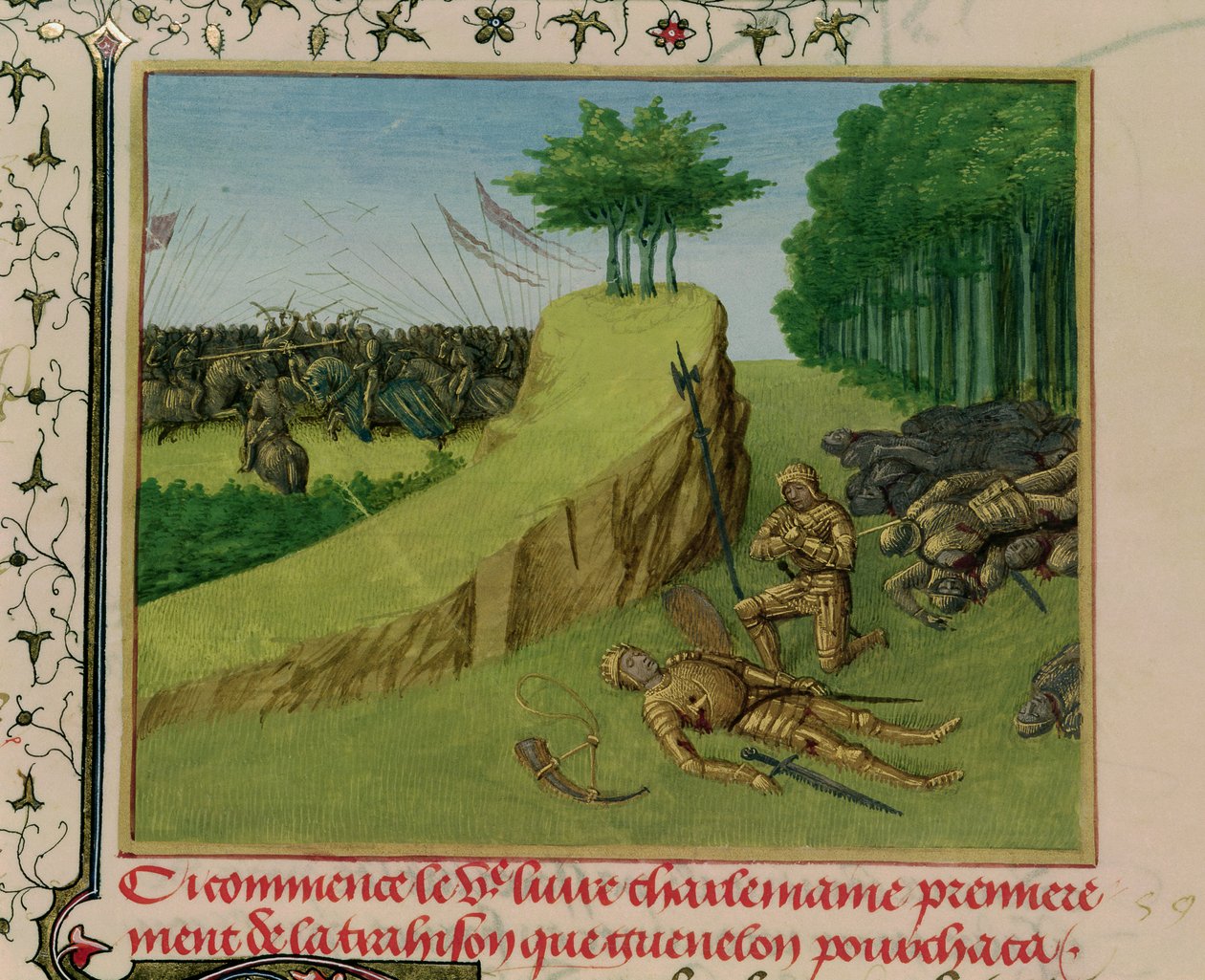 Ms 6465 f.113查理曼大帝在Roncevaux战役后发现罗兰的尸体，来自&39;Les Grandes Chroniques de France&39;，c.1460 作者 让·富凯